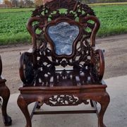 Set of 2 vintage Chinese Asian chairs in carved rosewood with marble.