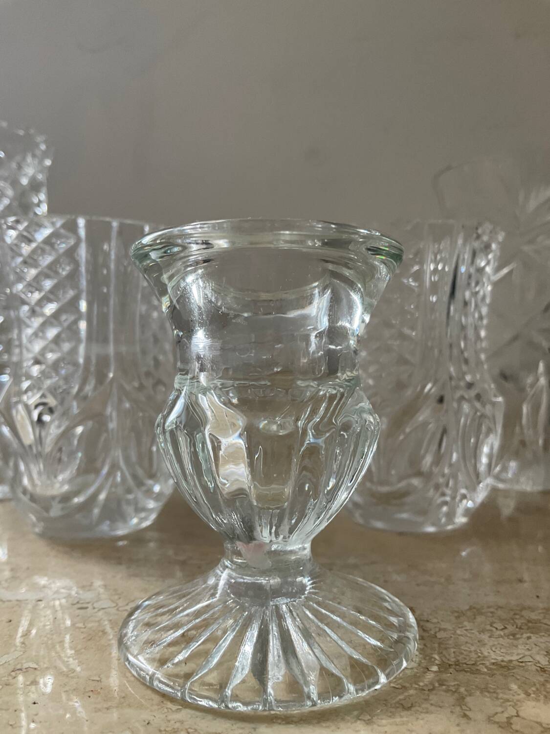 Series of 6 miniature vases in chiseled glass