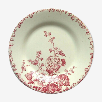 Art nouveau flat plate in pink, porcelain, model rose trémière from gien