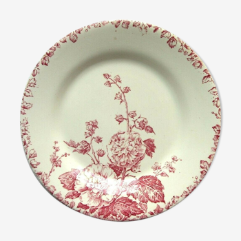 Assiette plate art nouveau en rose, porcelaine, modèle rose trémière de gien