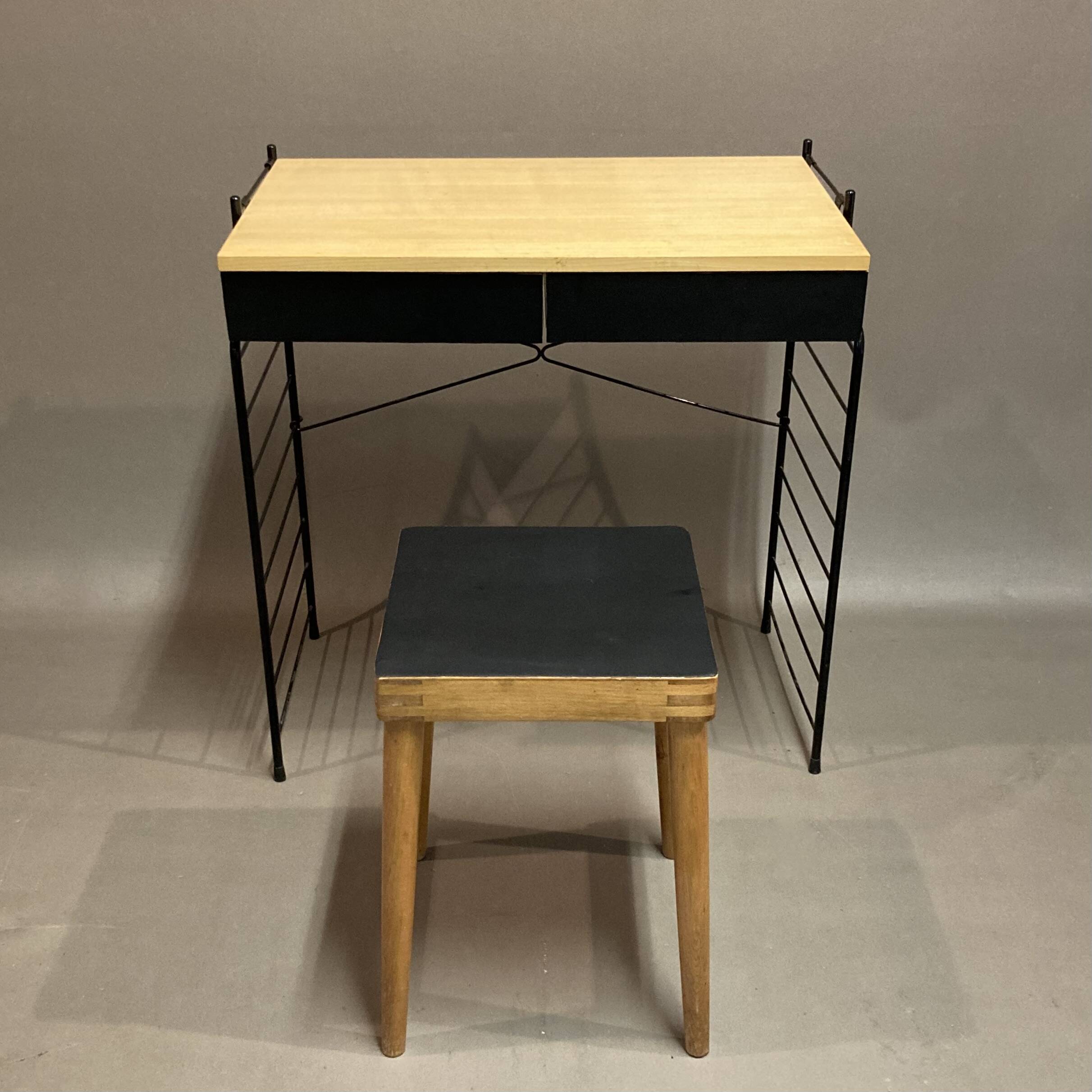 Modular bookcase and stool in black metal and beech, 1960
