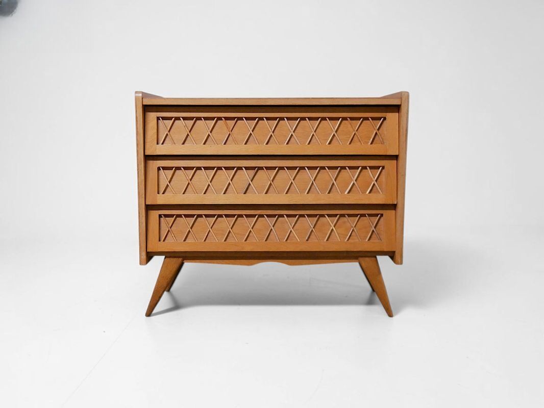 Commode rotin scandinave pieds compas - Vintage 1960