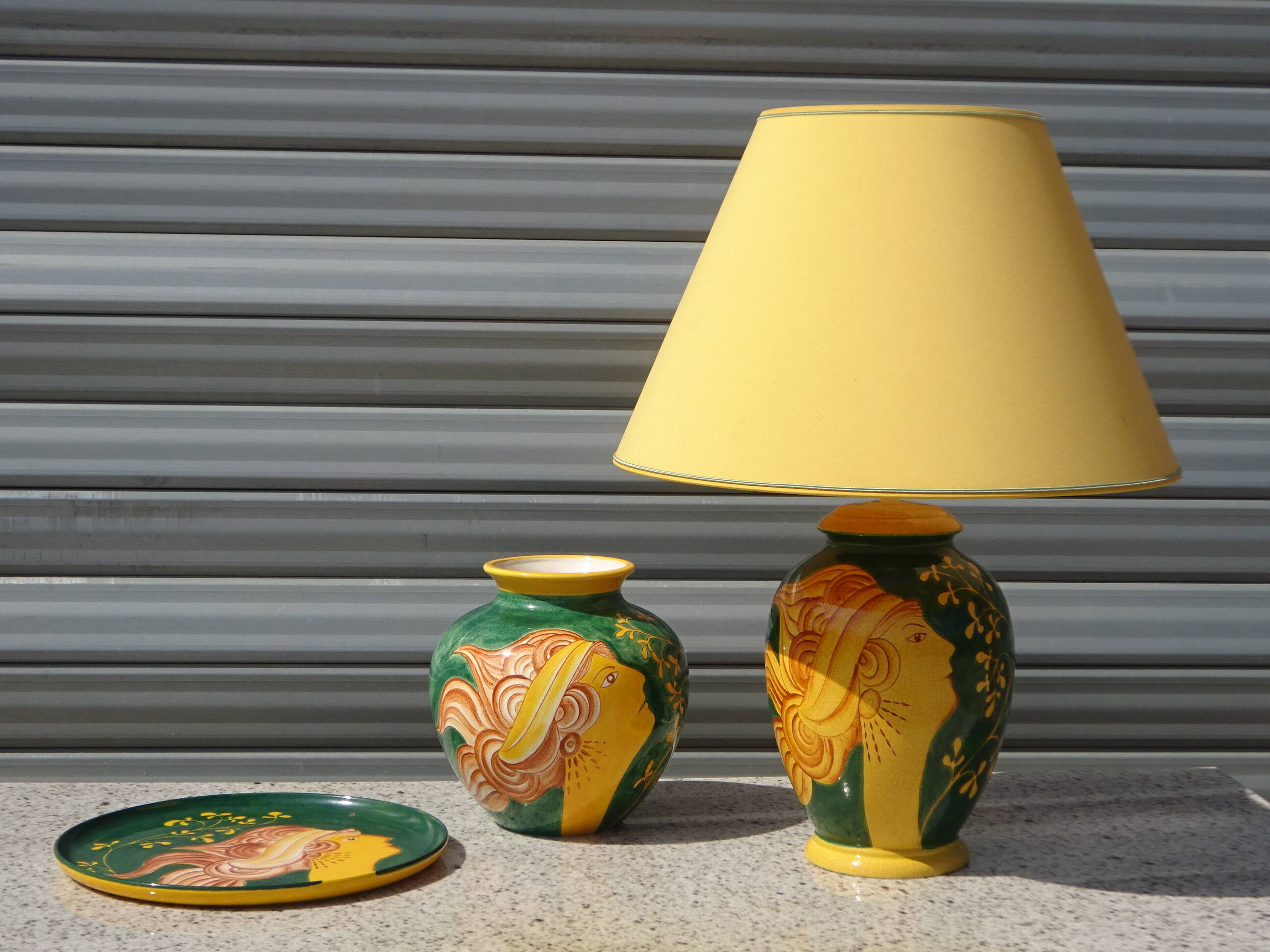 Ceramic lamp, vase and matching plate, Drimmer