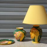 Ceramic lamp, vase and matching plate, Drimmer