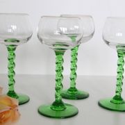 Set of 4 glasses with white wine, green foot, French, vintage