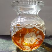 Ancien Vase Cristal Taillé Transparent & Orange Décor Fleurs Vintage