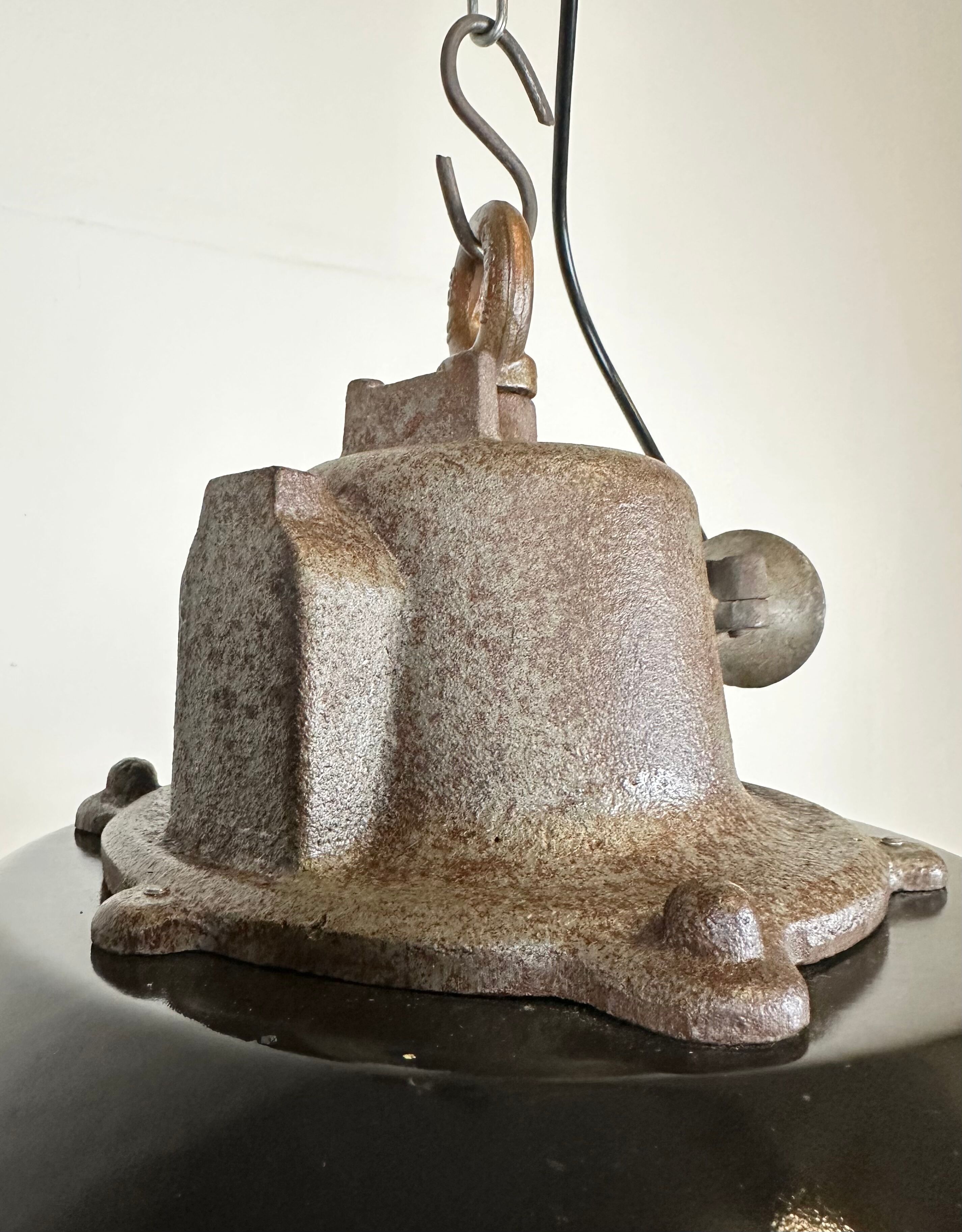 Black enamel and cast iron industrial cage pendant light, 1950s