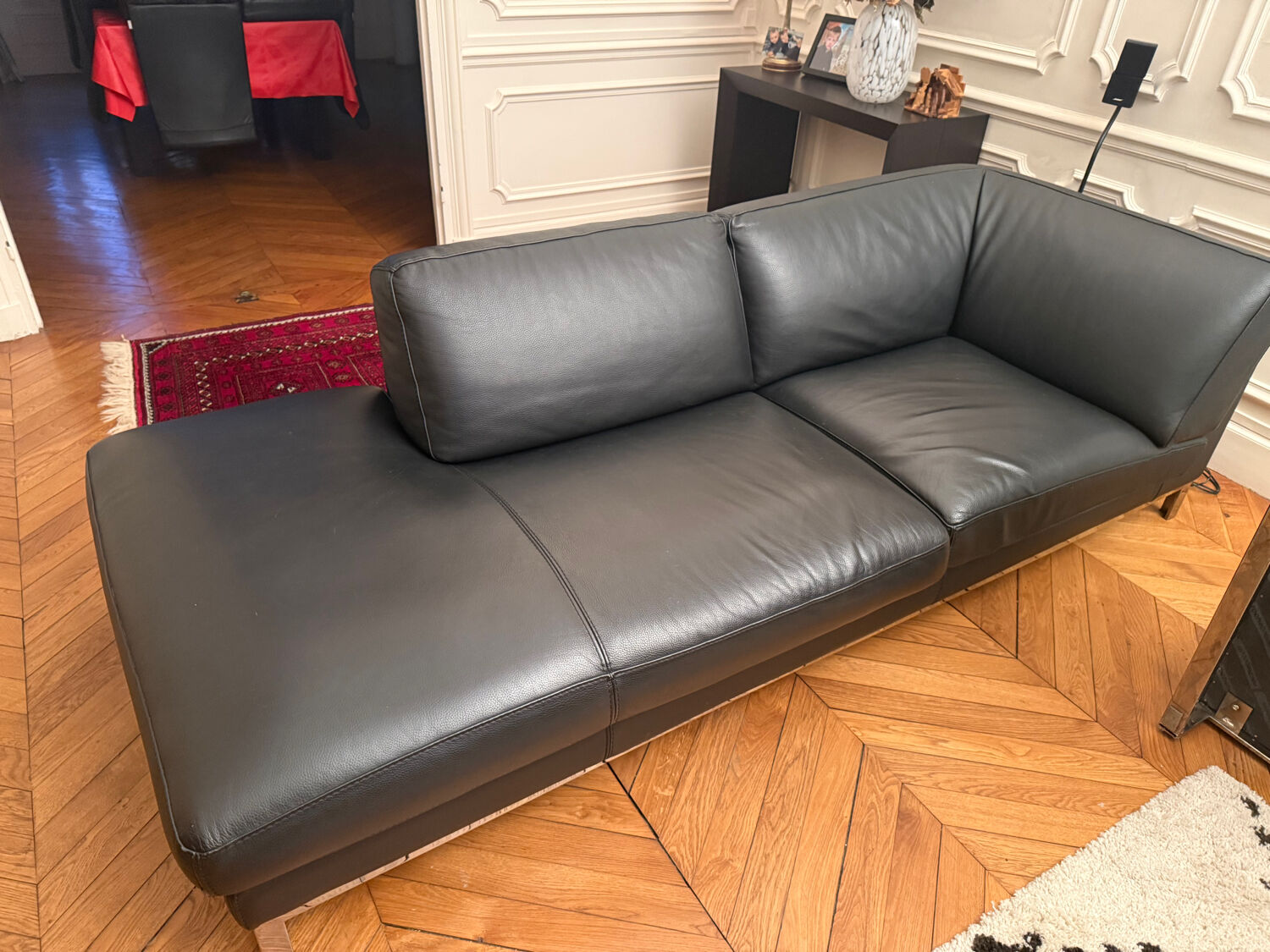 Canapé, cuir noir, Roche Bobois avec méridienne, canapé d’angle