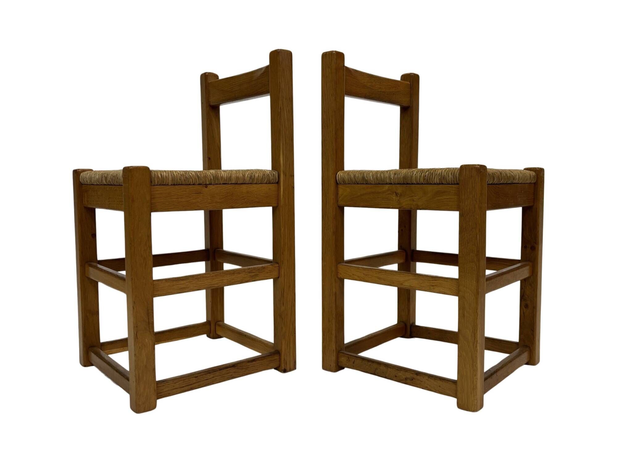 Set of four vintage chairs / stool - brutalist style minimalist oak and wicker 60s