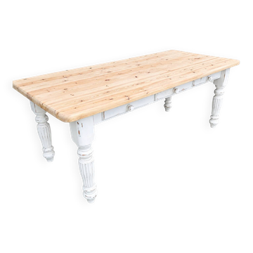 Grande table de salle à manger de ferme vintage avec tiroirs – Bois massif rustique