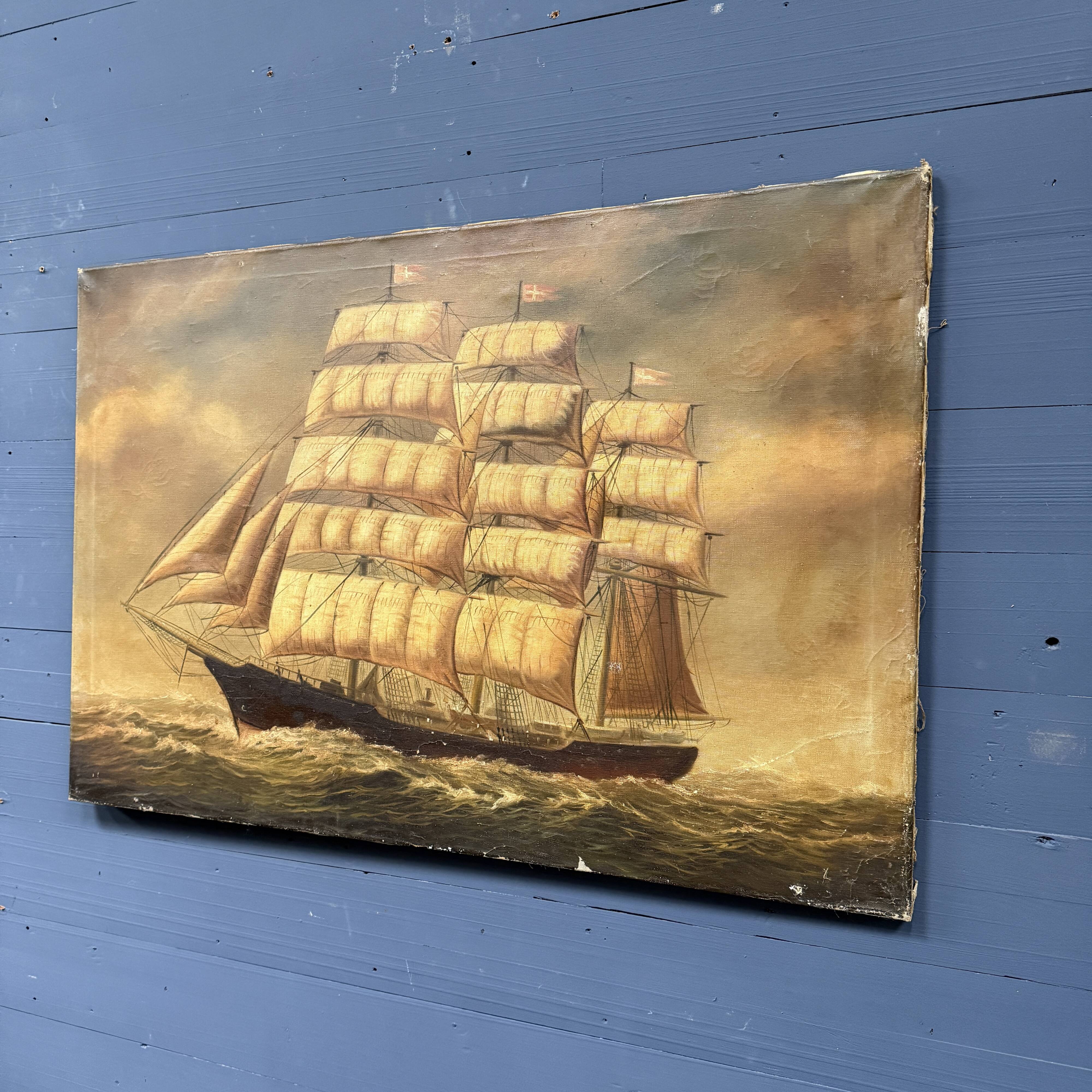 Large old oil painting of a ship