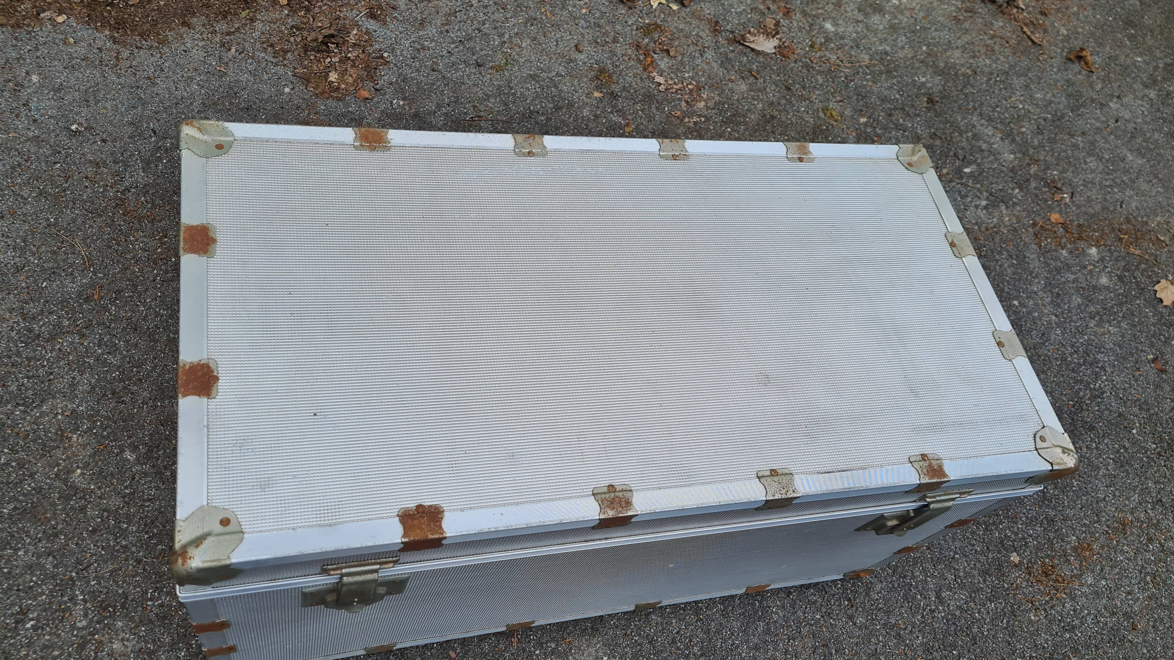 Old metal aluminum trunk / mail trunk / industrial / interior fabric