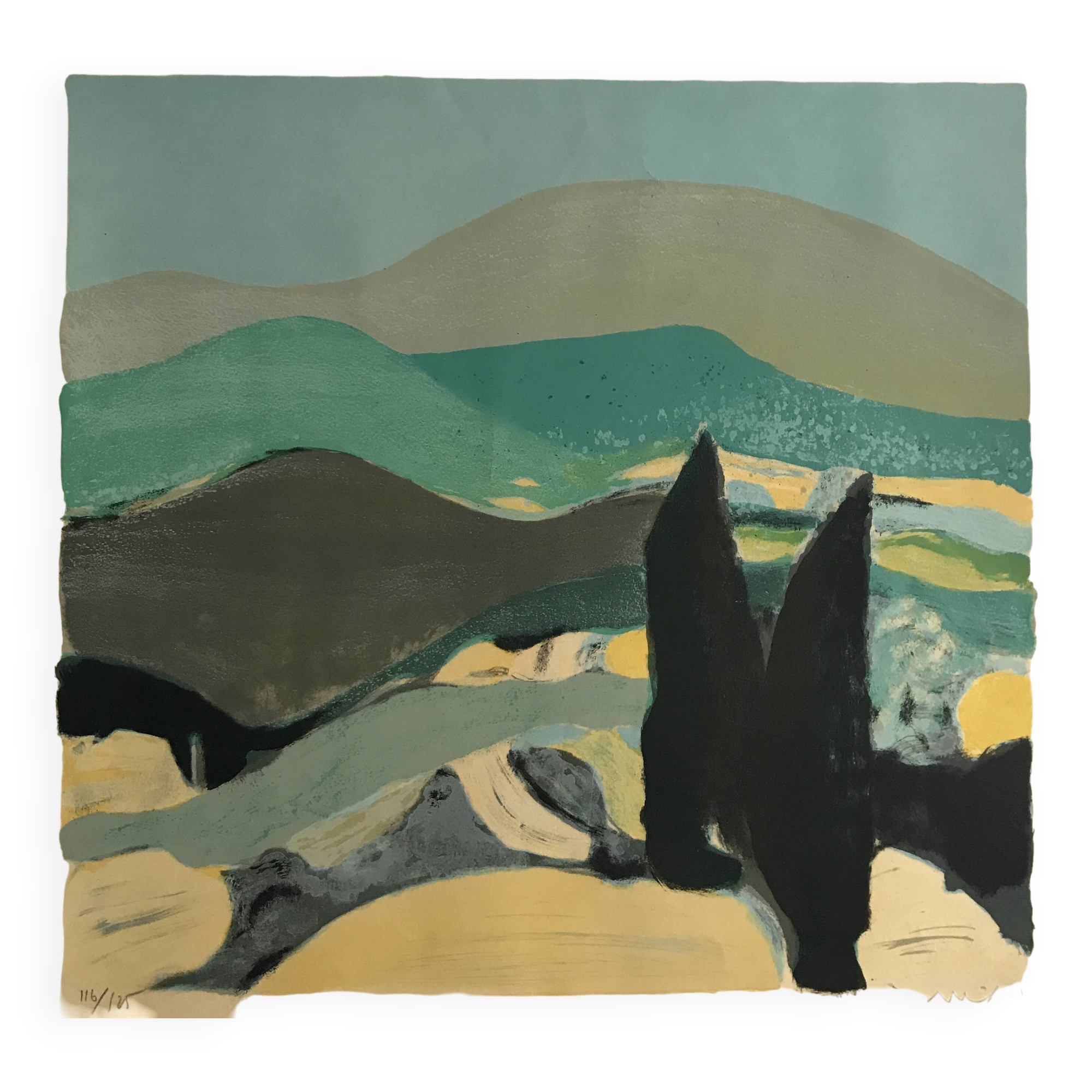 Roger muhl, grasse landscape. original lithograph signed in pencil