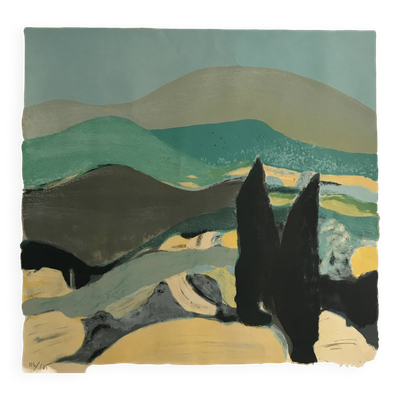 Roger muhl, paysage grassois. lithographie originale signée au crayon