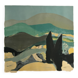 Roger muhl, paysage grassois. lithographie originale signée au crayon