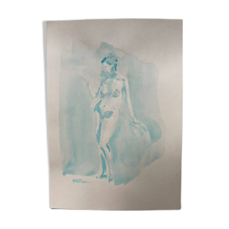 Tableau signé aquarelle monochrome turquoise portrait féminin « la pause… »
