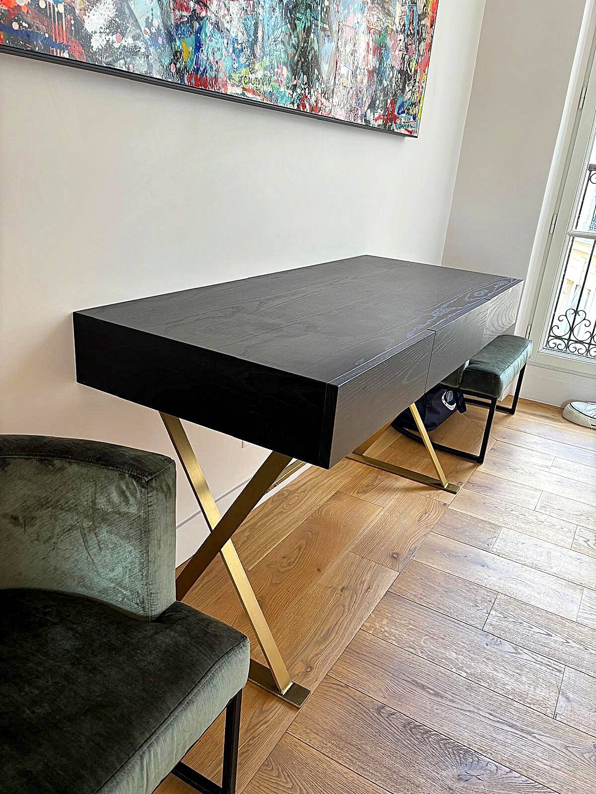Console desk NV Gallery black wood and brass, 3 drawers.