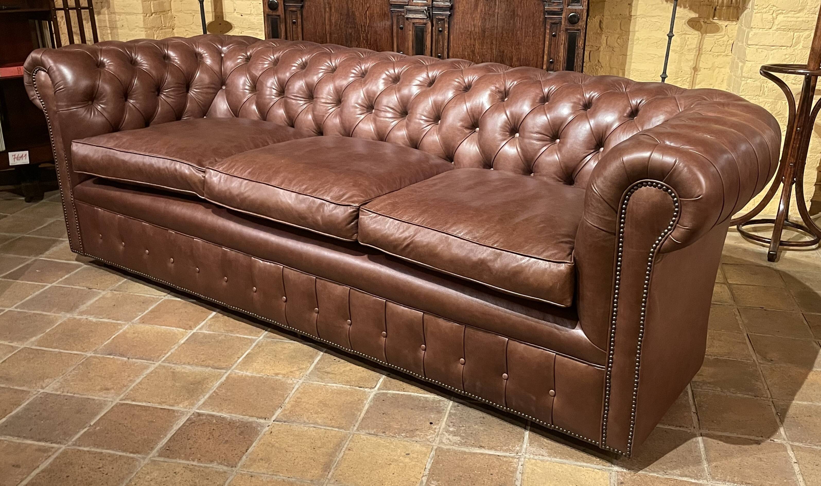 brown leather 3-seater Chesterfield sofa