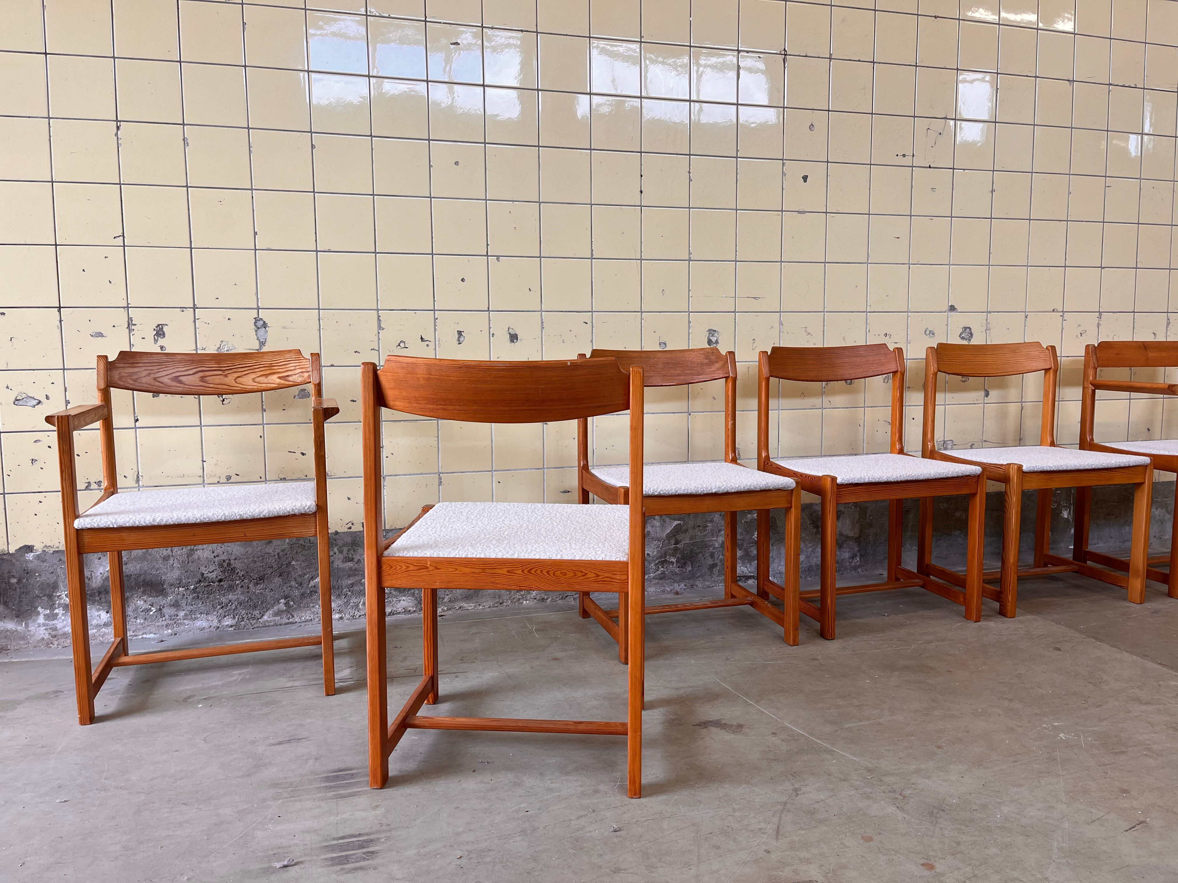 Set of six brutalist dining chairs in pine