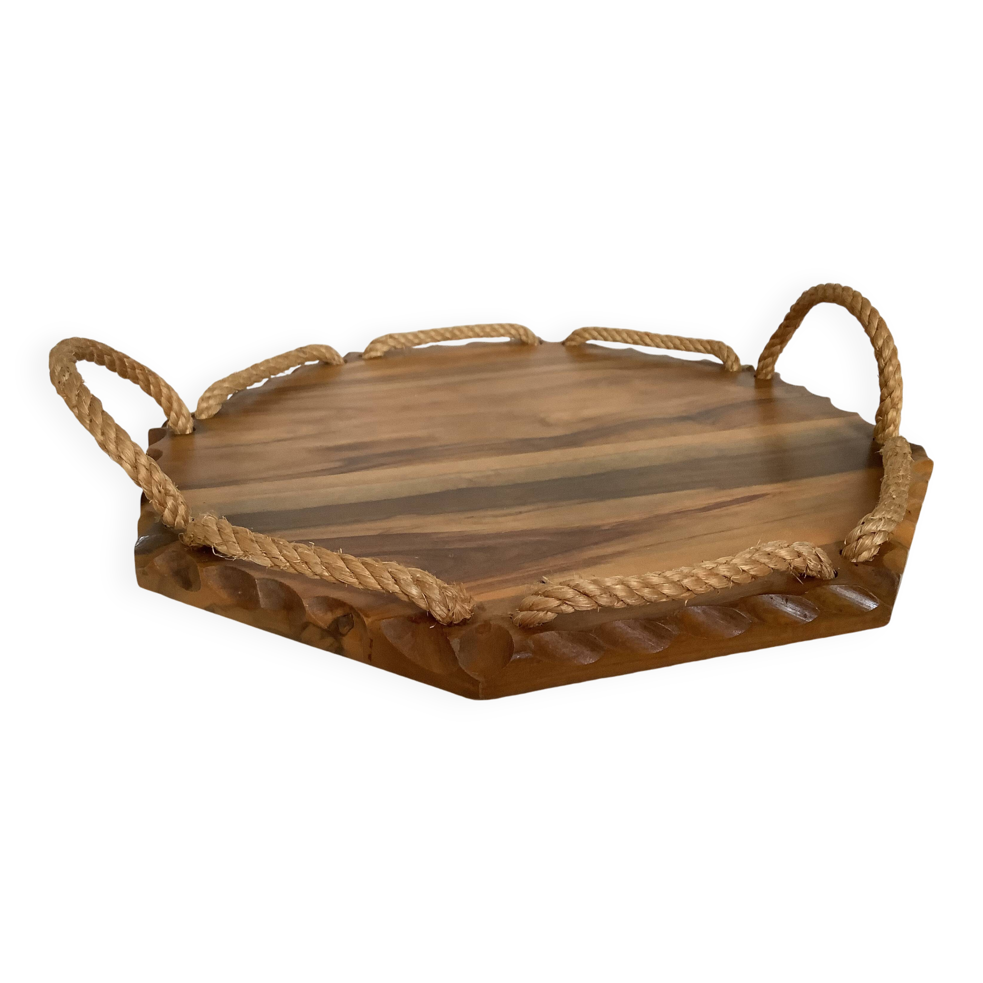 Small octagonal tray made of wood and rope.
