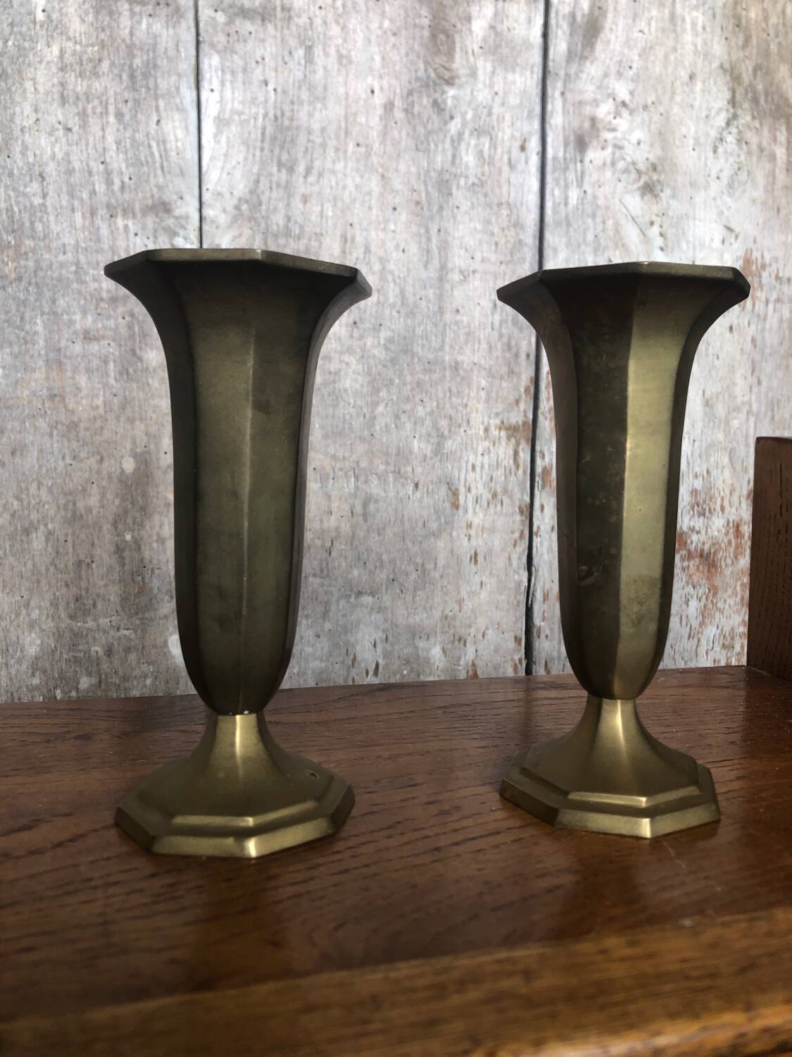 Pair of old art deco vases in vintage brass