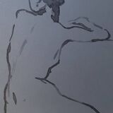 Signed watercolor painting on Denim paper portrait of a woman from behind "bath"