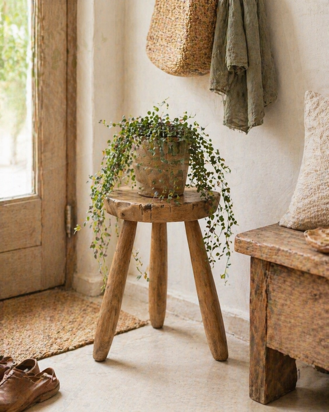 Brutalist tripod stool in solid elm from 1950.
