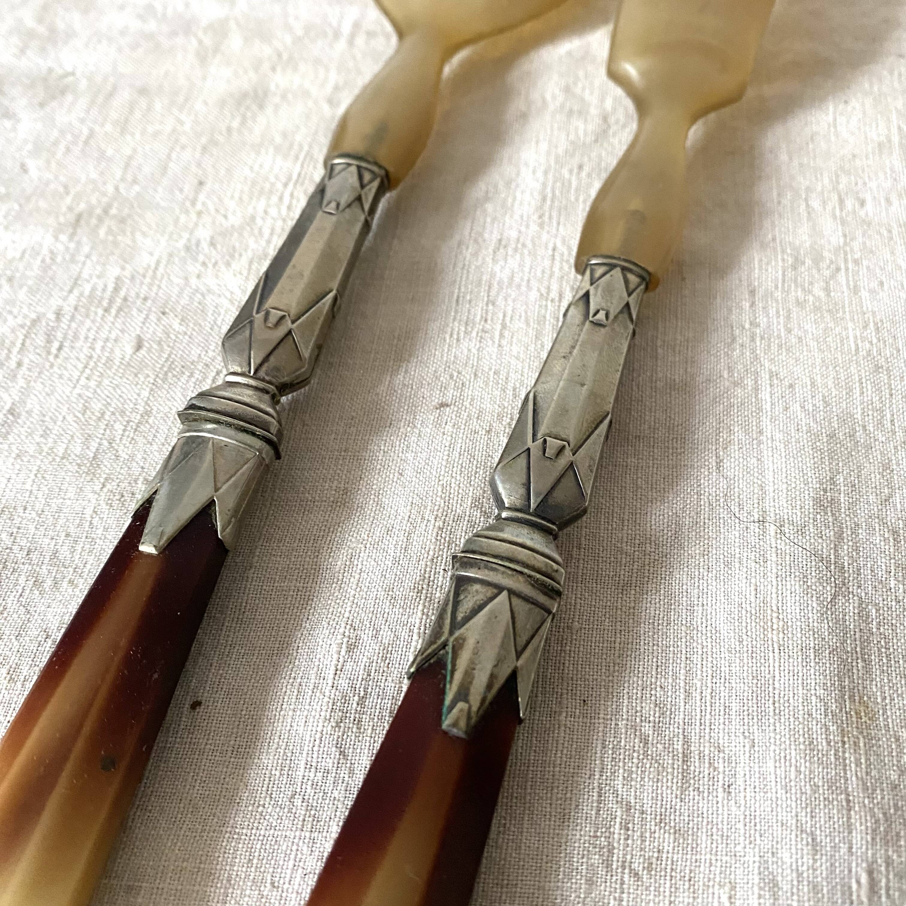 Antique silver plated and horn salad servers