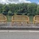 Rattan lounge with two armchairs and a vintage 1950s bench.