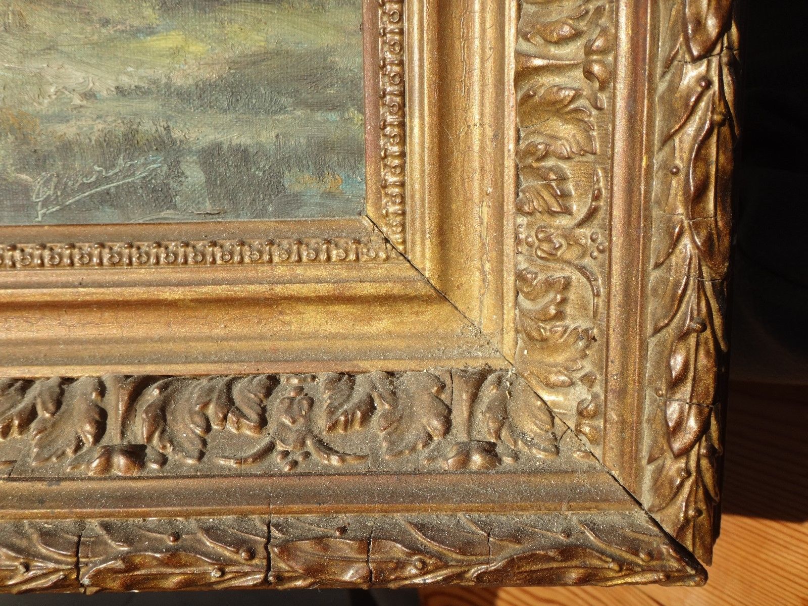 Painting mountains snowy landscape frame gilded wood signed 72x62cm
