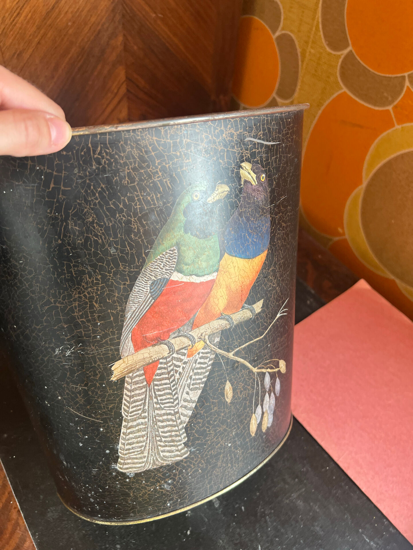 Vintage metal zinc paper bin parrot decor