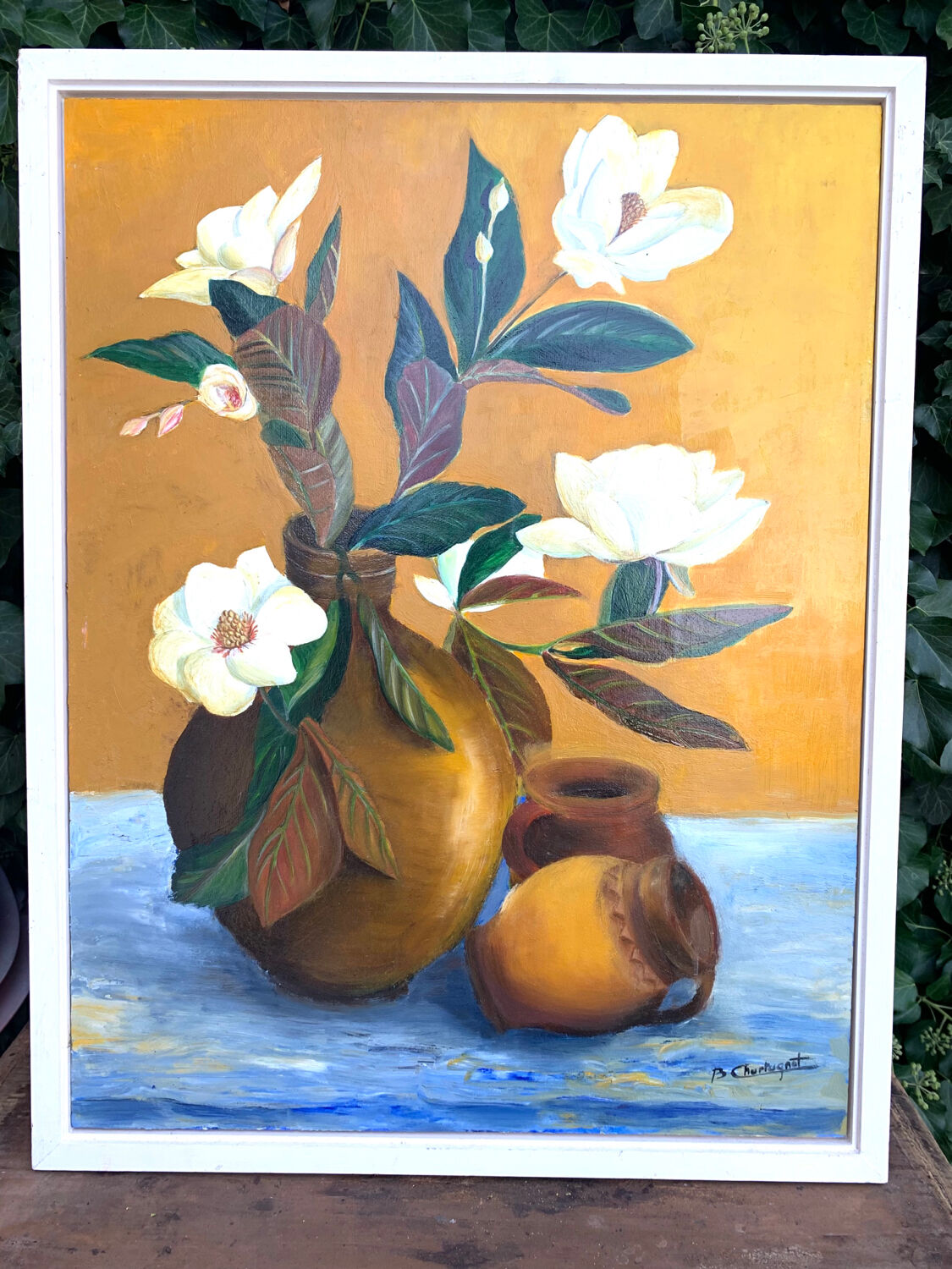 Oil painting on wood bouquet of flowers