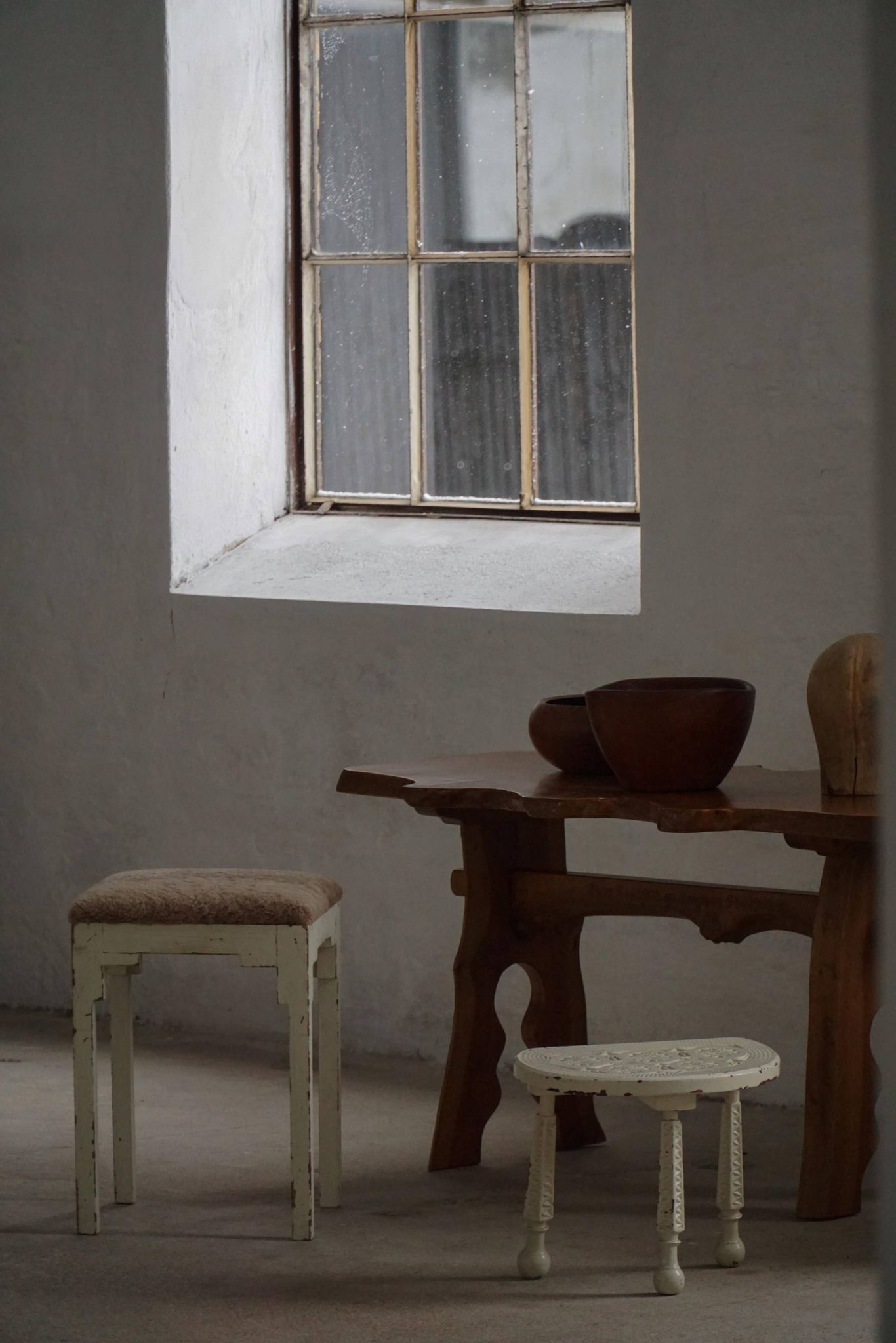 A pair of antique Danish stools, seats in lambswool, late 19th century.