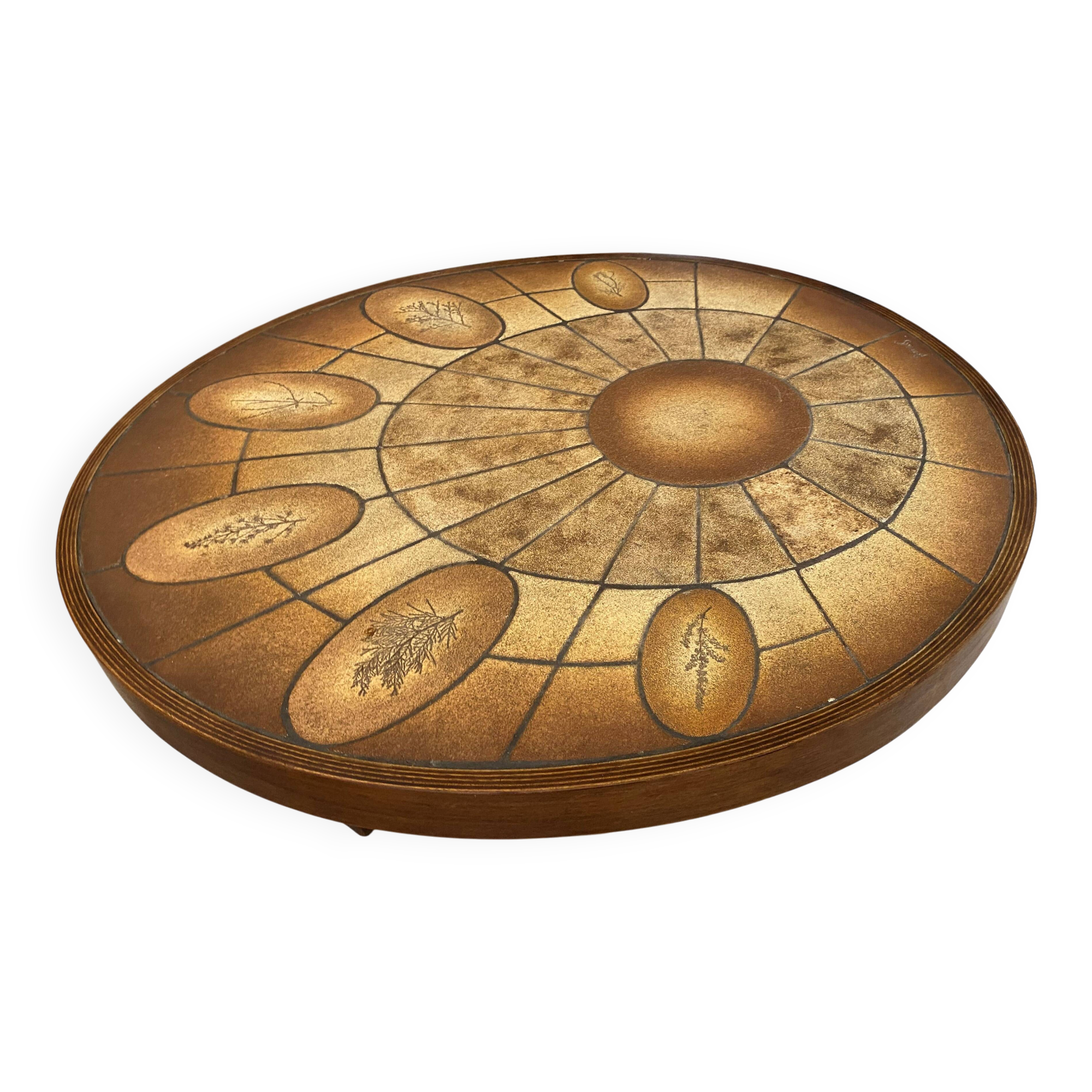Oval round coffee table ceramic Barrois Vallauris from 1960 herbarium model