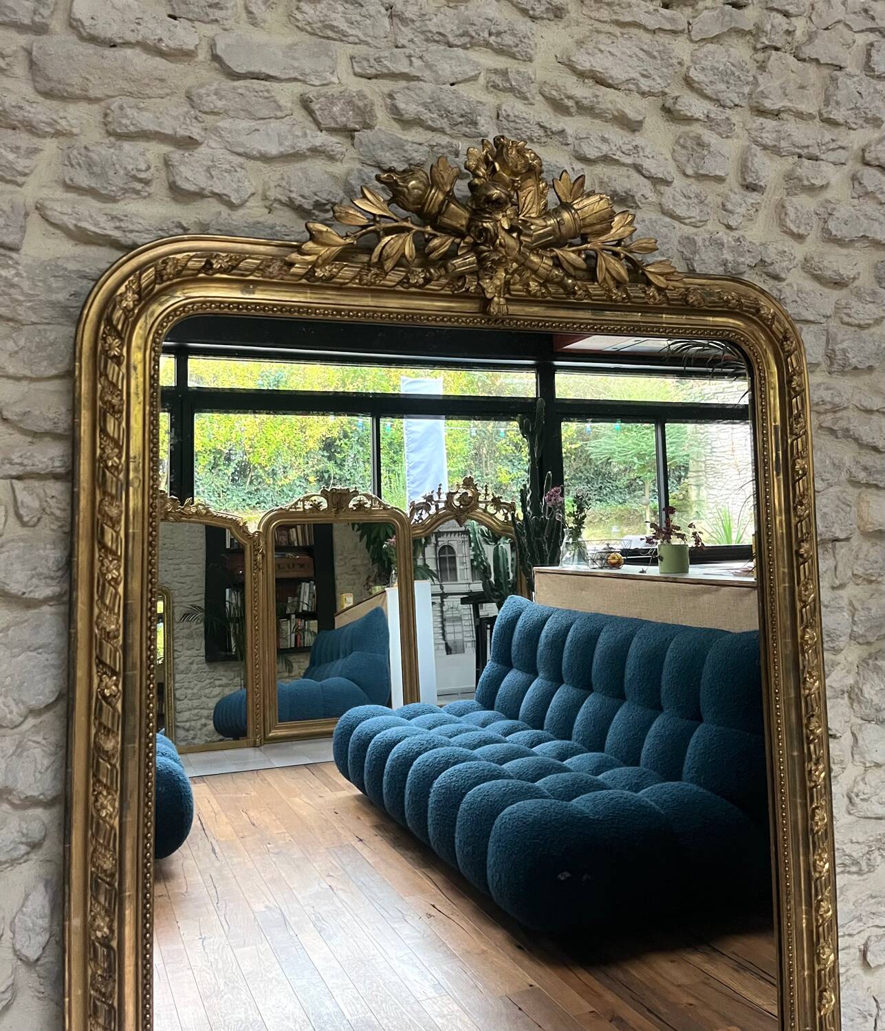 Antique Louis-Philippe fireplace mirror with pediment and beading, 174.5cm
