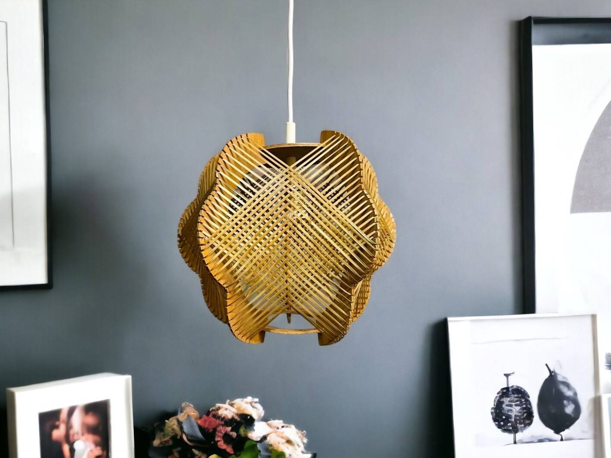 Portuguese mid century wood and straw wooden pendant lamp, 1960s