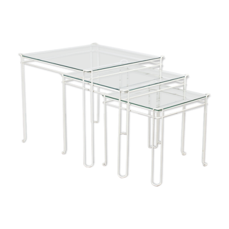 Mid-century french white metal & glass isocele nesting tables for Atrow, 1970s