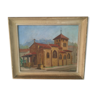 Oil on panel representing a church