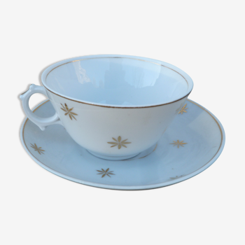 Ancienne tasse à thé et soucoupe en Vieux Paris porcelaine blanche et or