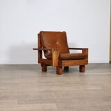 Midcentury Modern Brutalist Lounge Chair In Oak And Leather, Italy 1970s