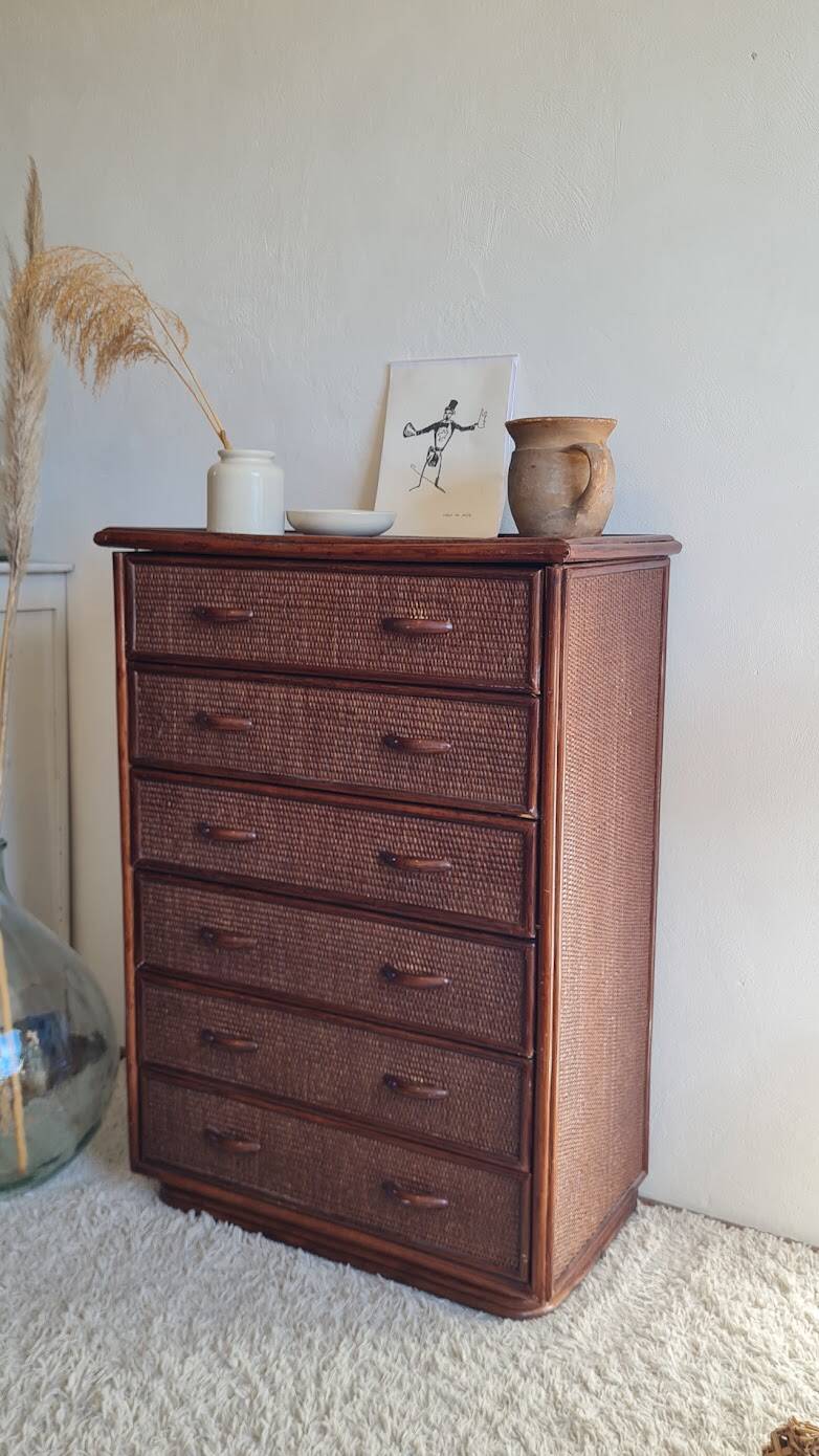 Commode en rotin vintage circa années 70