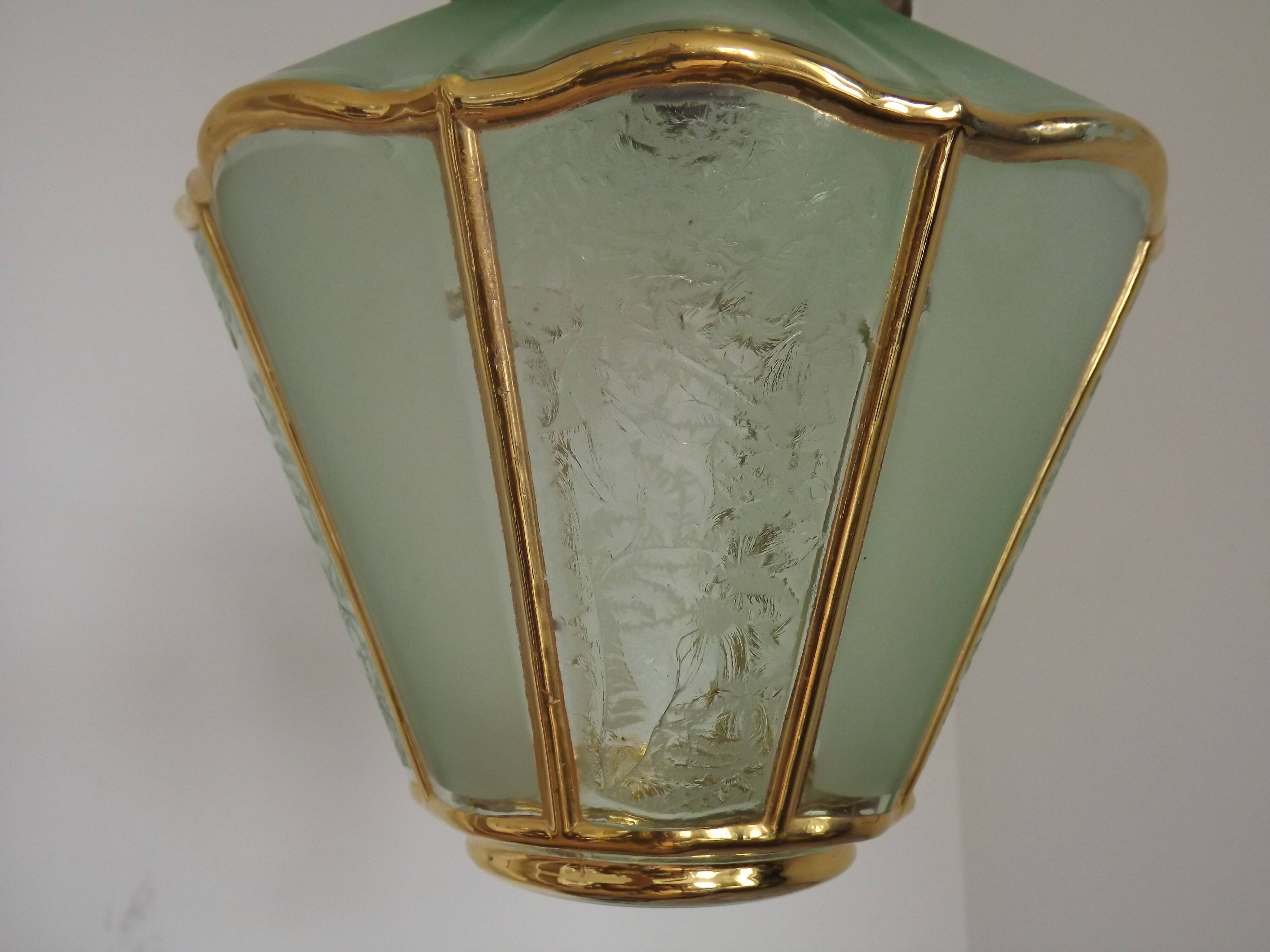 French Vintage Art Deco Glass Ceiling Light Green Frosted & Patterned Glass