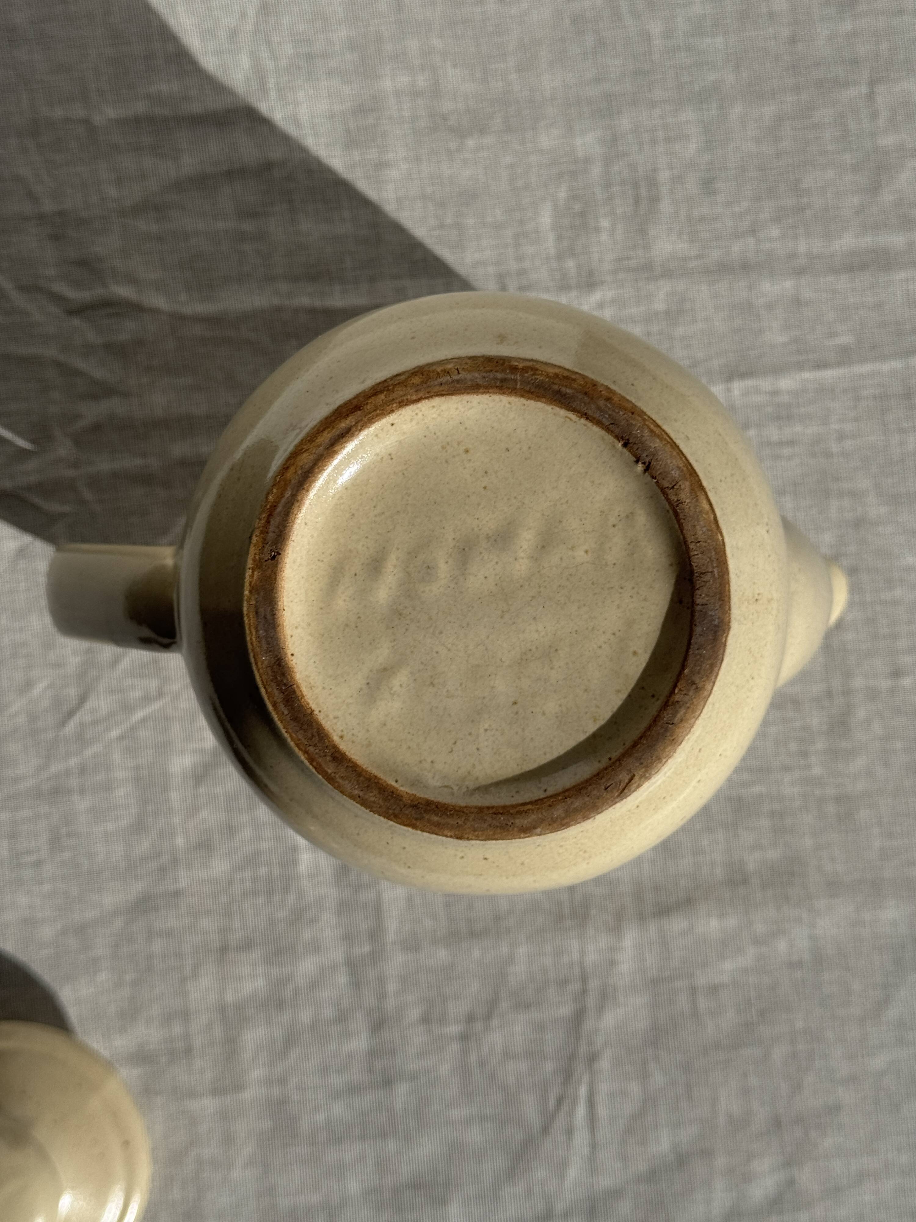 Vintage beige stoneware teapot with pink flower pattern H22