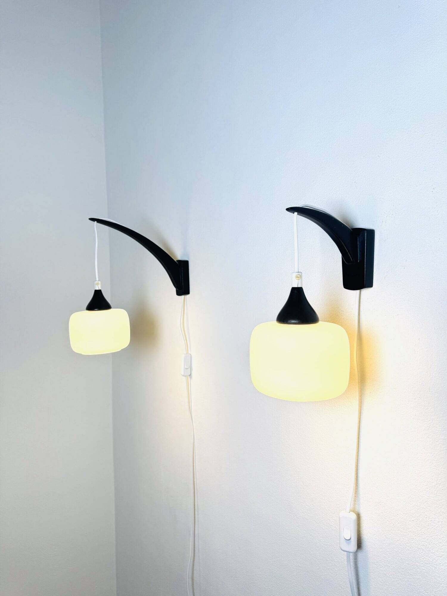 Set Of Single-Arm Wall Lamps In Teak And Opaline Glass By Uno & Östen Kristiansson For Luxus, Sweden 1960S
