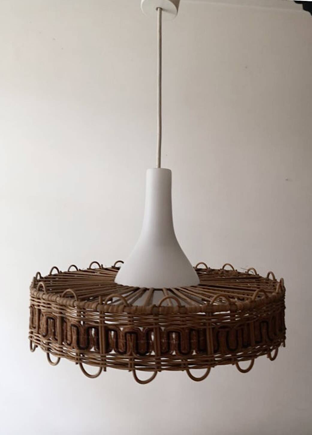 Scandinavian pendant light with rattan dial and opaline smoked glass, 1970