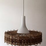 Scandinavian pendant light with rattan dial and opaline smoked glass, 1970