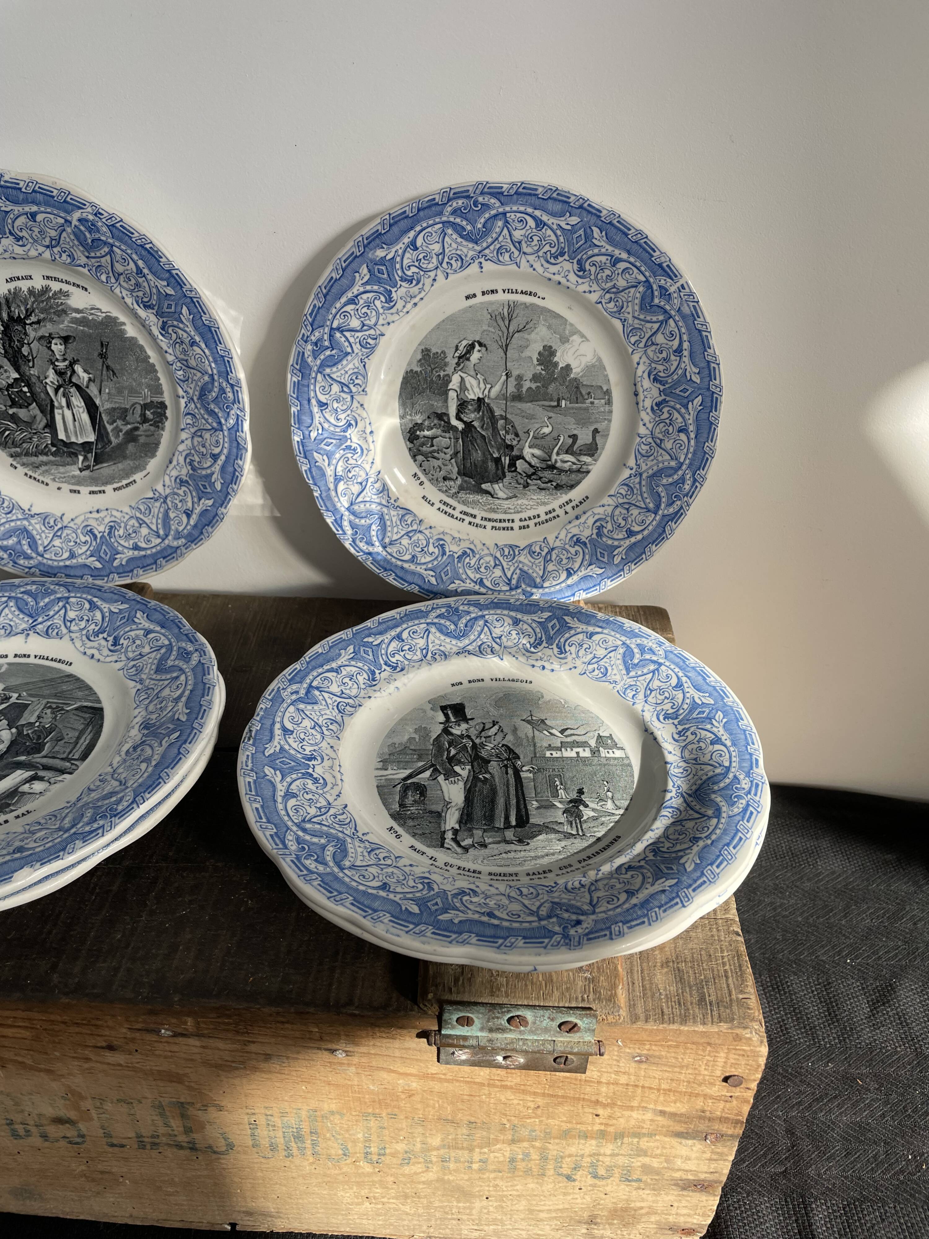 Set of 6 talking plates - creil and montereau France