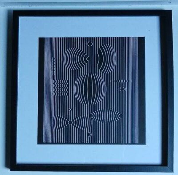 Tableau vintage art optique – composition linéaire noir et blanc – cadre 40x40cm