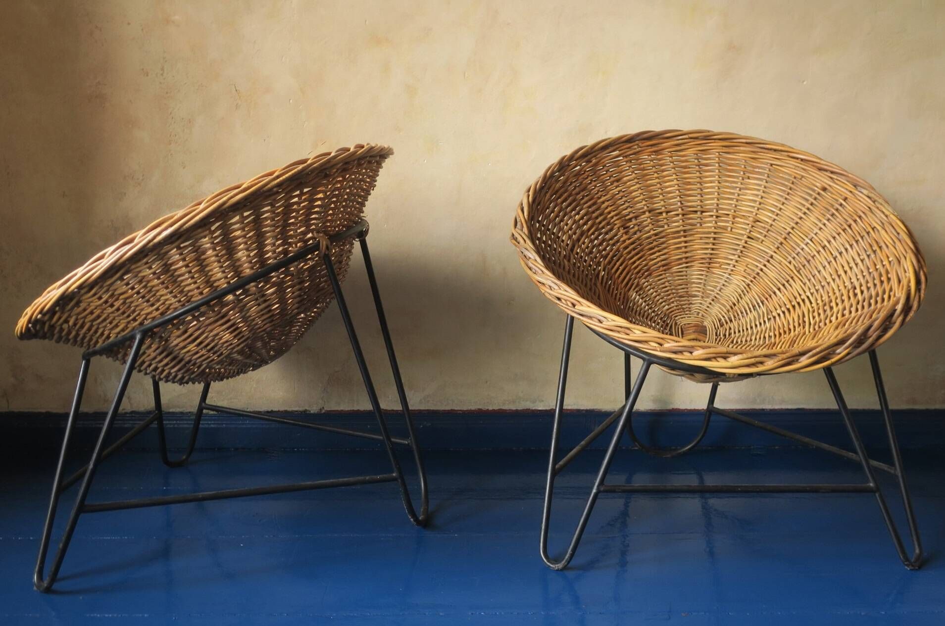 Pair of mid century bamboo and iron pod chairs, 1960s