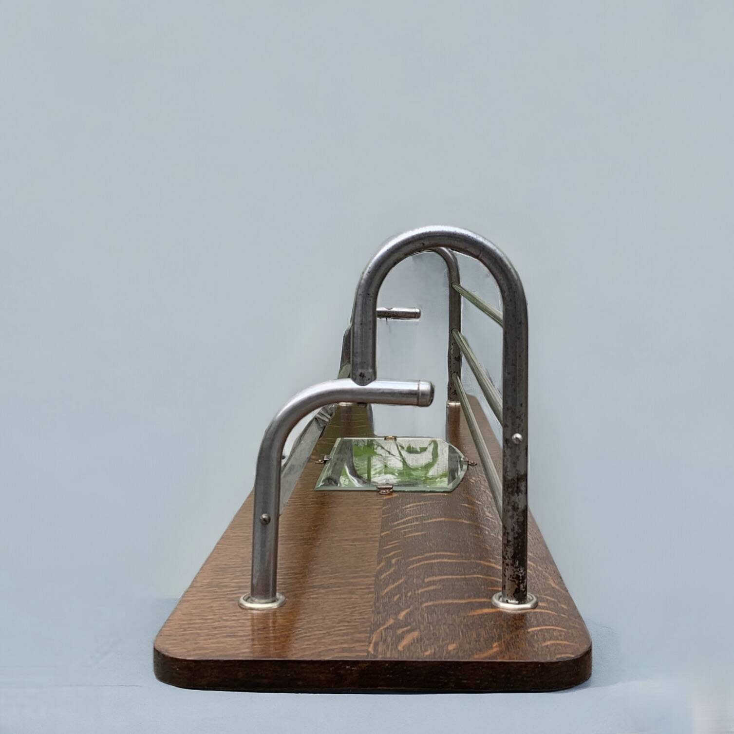 Large Art Deco wall-mounted coat rack in wood and chrome metal with mirror